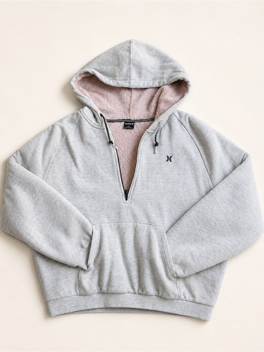 Hurley Light Gray Half-Zip Hoodie with Pink Sherpa Lining